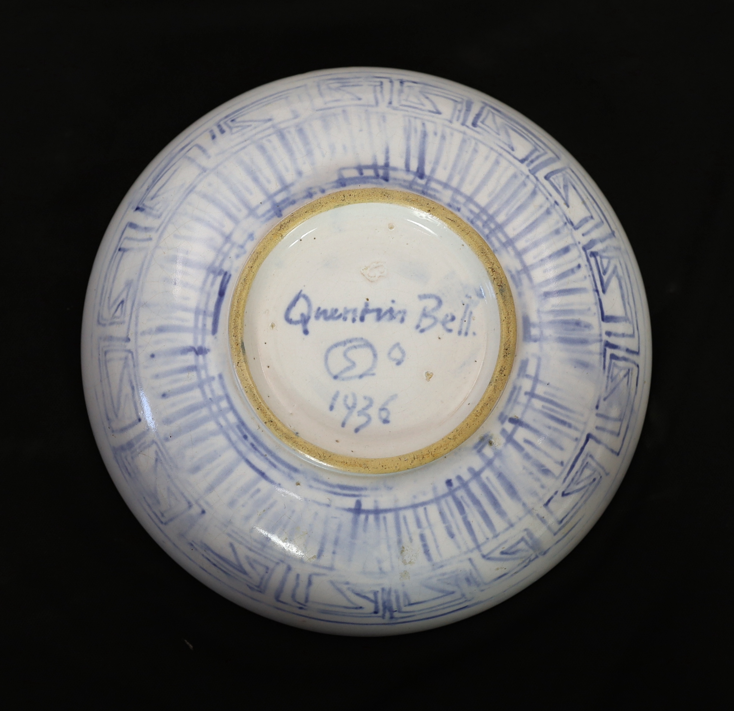 Quentin Bell (1910-1996), an early underglaze blue tinglaze pottery bowl, possibly to a Vanessa Bell design, dated 1936